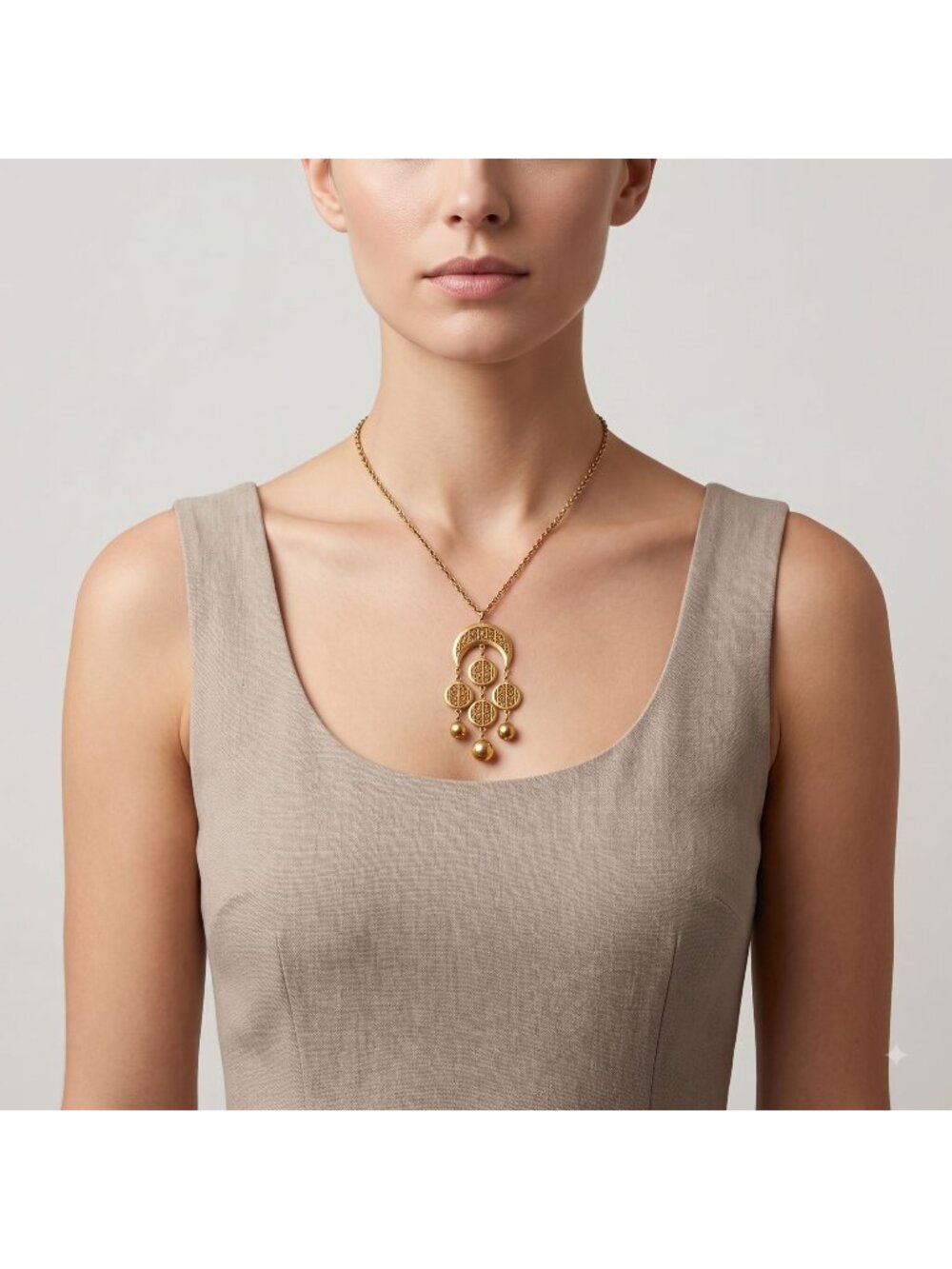 Vintage Crown Trifari Statement Necklace, Gold Tone Crescent & Tassel Pendant, 1